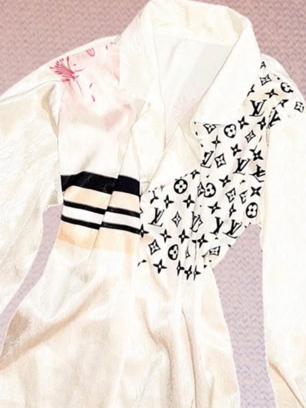 White Button-Up Shirt with Black Logo Panel and Stripes